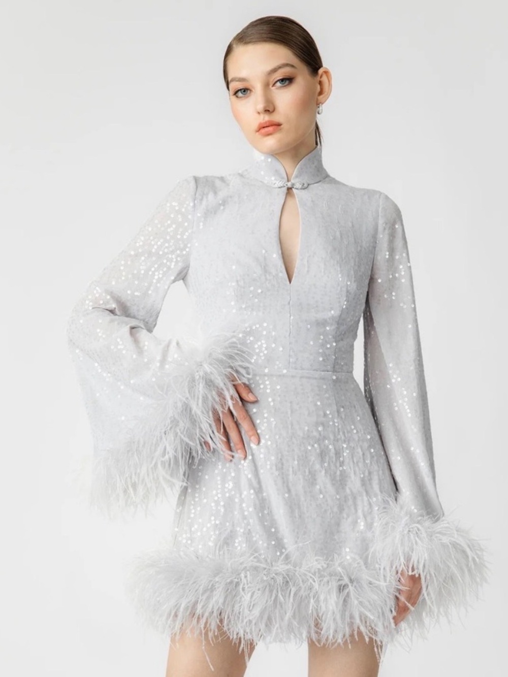 Silver Sequin Feather-Trim Mini Dress with Keyhole Neck